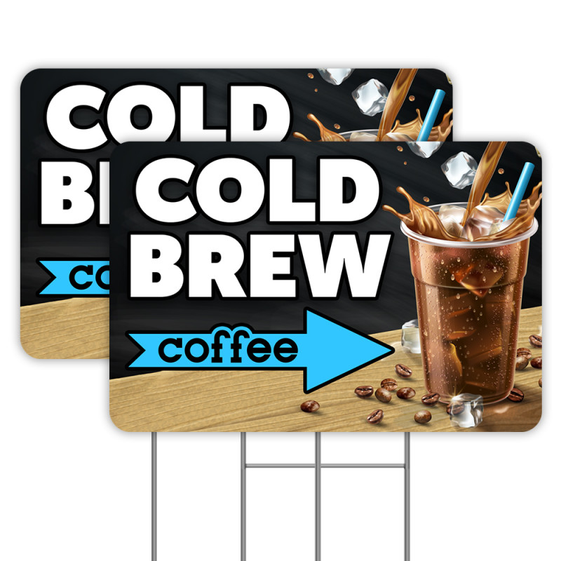 Cold Brew Coffee Arrow 2 Pack Double-Sided Yard Signs 16" x 24" with Metal Stakes (Made in Texas)