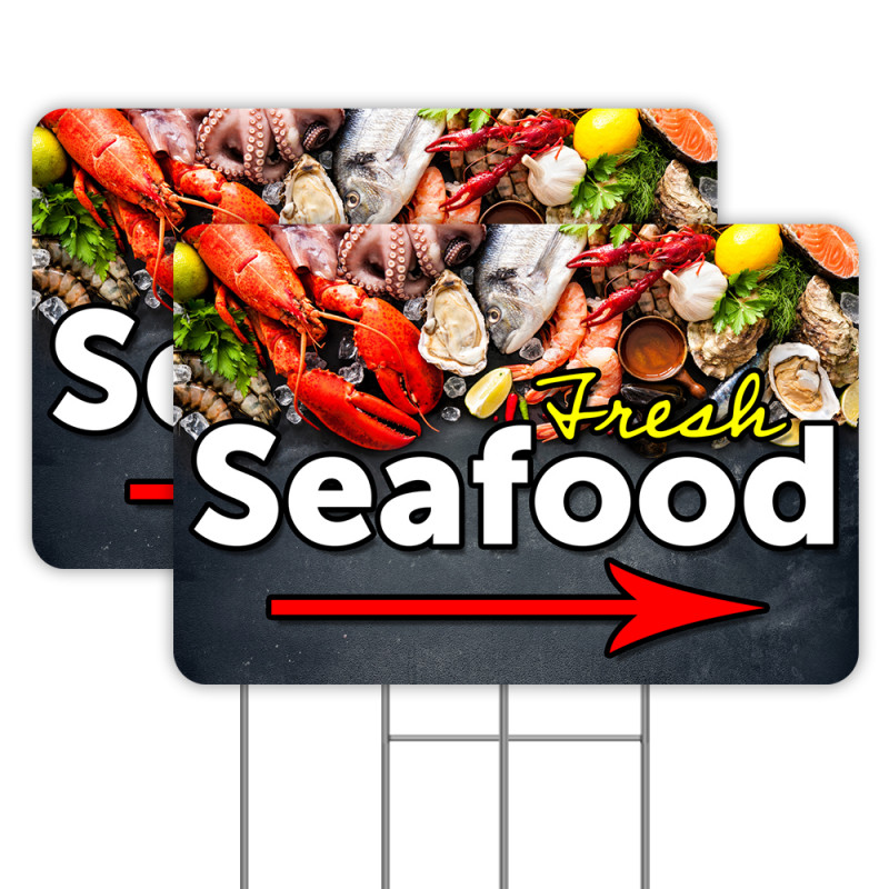 Fresh Seafood Arrow 2 Pack Double-Sided Yard Signs 16" x 24" with Metal Stakes (Made in Texas)
