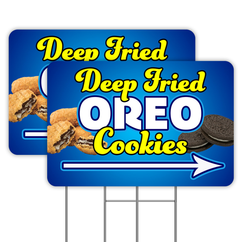 Deep Fried Oreo Cookies Arrow 2 Pack Double-Sided Yard Signs 16" x 24" with Metal Stakes (Made in Texas)