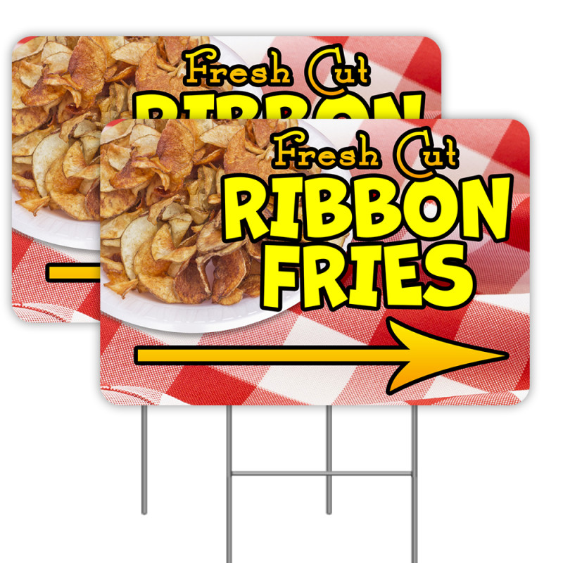 Fresh Cut Ribbon Fries Arrow 2 Pack Double-Sided Yard Signs 16" x 24" with Metal Stakes (Made in Texas)