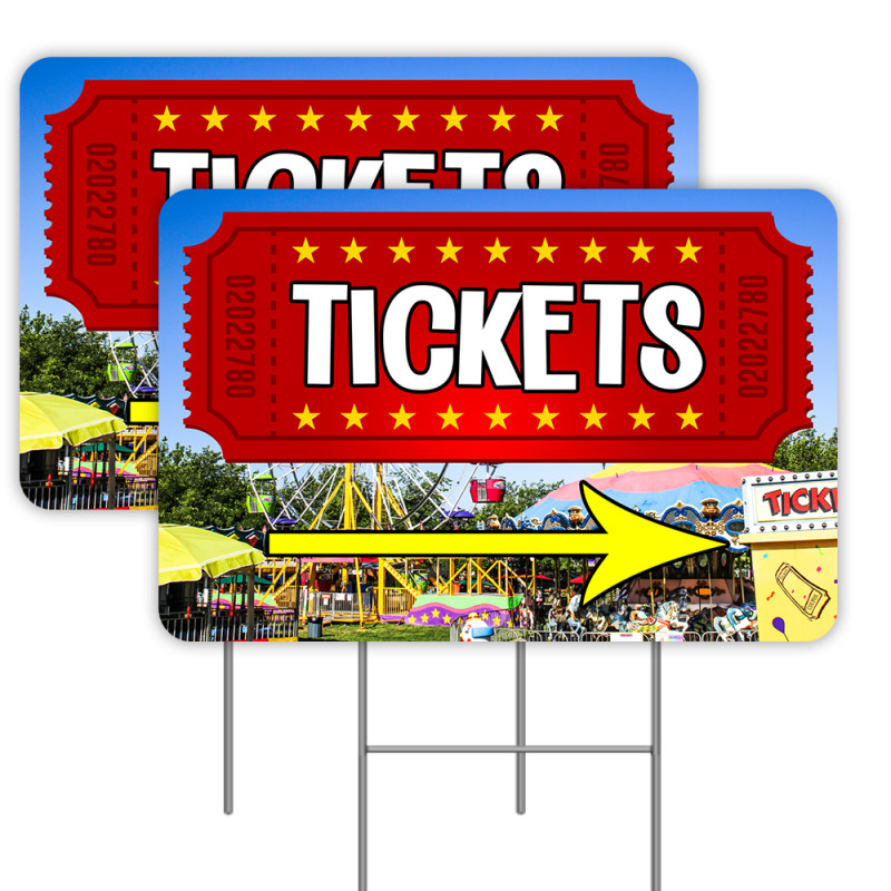 Tickets (Arrow) 2 Pack Double-Sided Yard Signs 16" x 24" with Metal Stakes (Made in Texas)