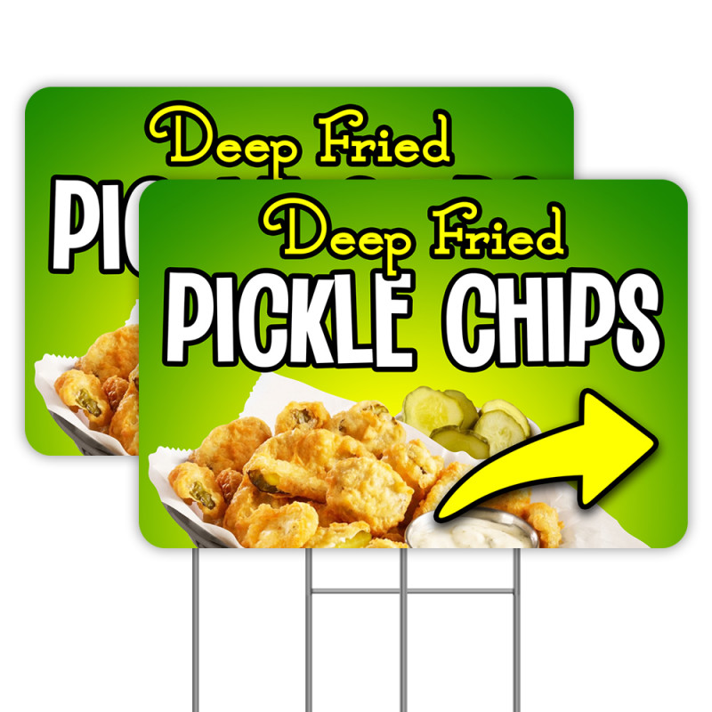 Deep Fried Pickle Chips Arrow 2 Pack Double-Sided Yard Signs 16" x 24" with Metal Stakes (Made in Texas)