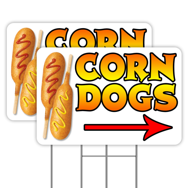 Corn Dogs Arrow 2 Pack Double-Sided Yard Signs 16" x 24" with Metal Stakes (Made in Texas)