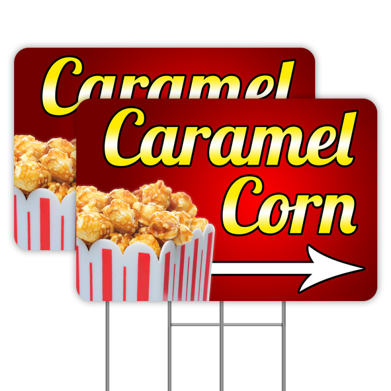 Caramel Corn Arrow 2 Pack Double-Sided Yard Signs 16" x 24" with Metal Stakes (Made in Texas)