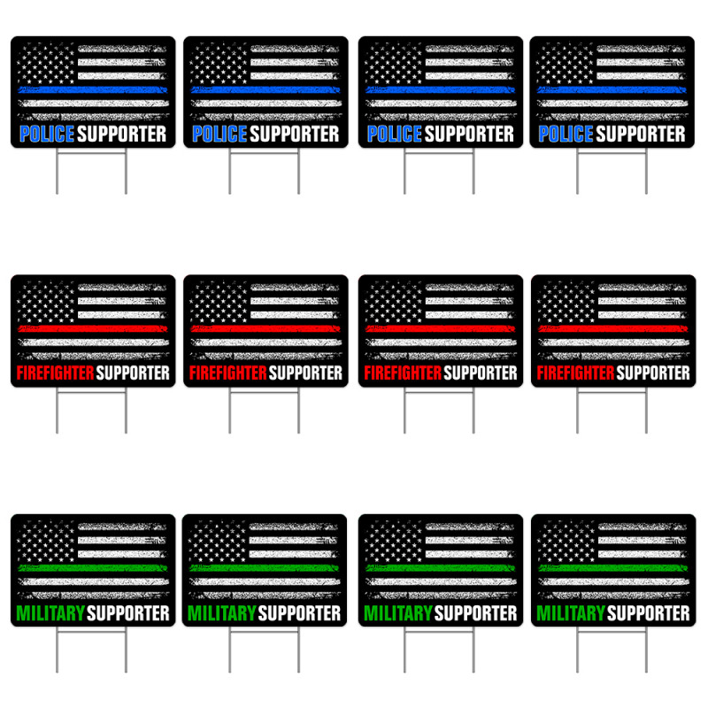 Thin Red Green Blue Line Police Firefighter Military Supporter 12 Pack Yard Signs - Each Sign is 24" x 16" Single-Sided and Come