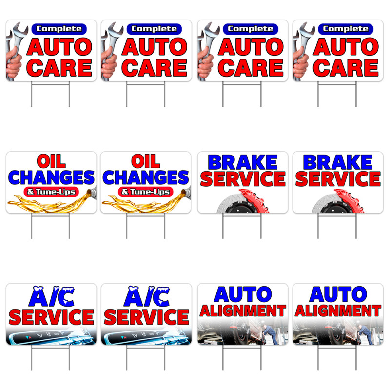 Auto Repair 12 Pack Yard Signs - Each Sign is 24" x 16" Single-Sided and Comes with Metal Stake Made in The USA
