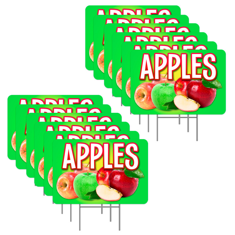 Apples 12 Pack Yard Signs - Each Sign is 24" x 16" Single-Sided and Comes with Metal Stake Made in The USA