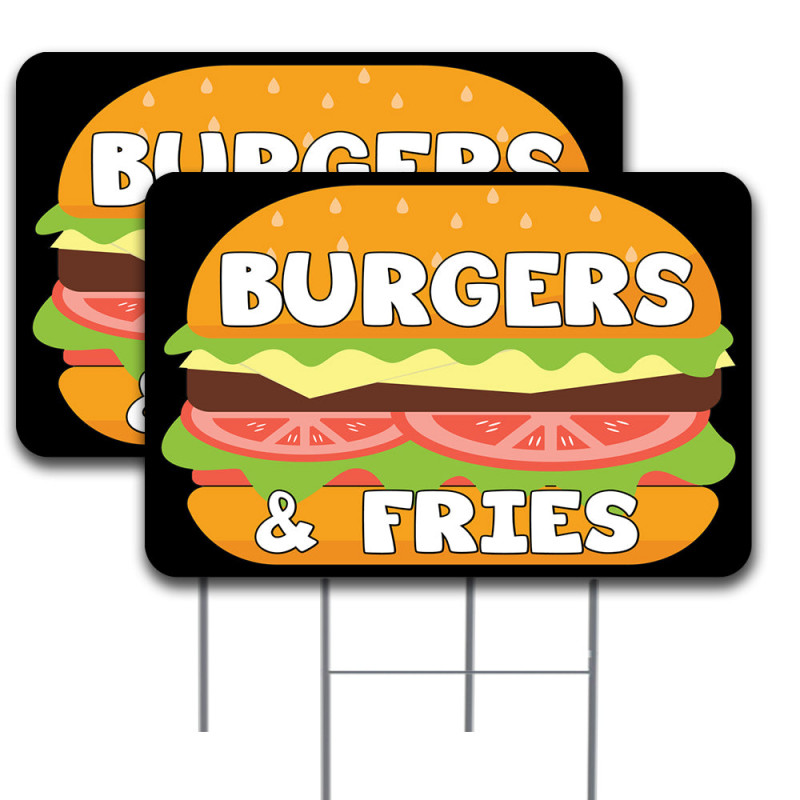 BURGERS & FRIES 2 Pack Double-Sided Yard Signs 16" x 24" with Metal Stakes (Made in Texas)