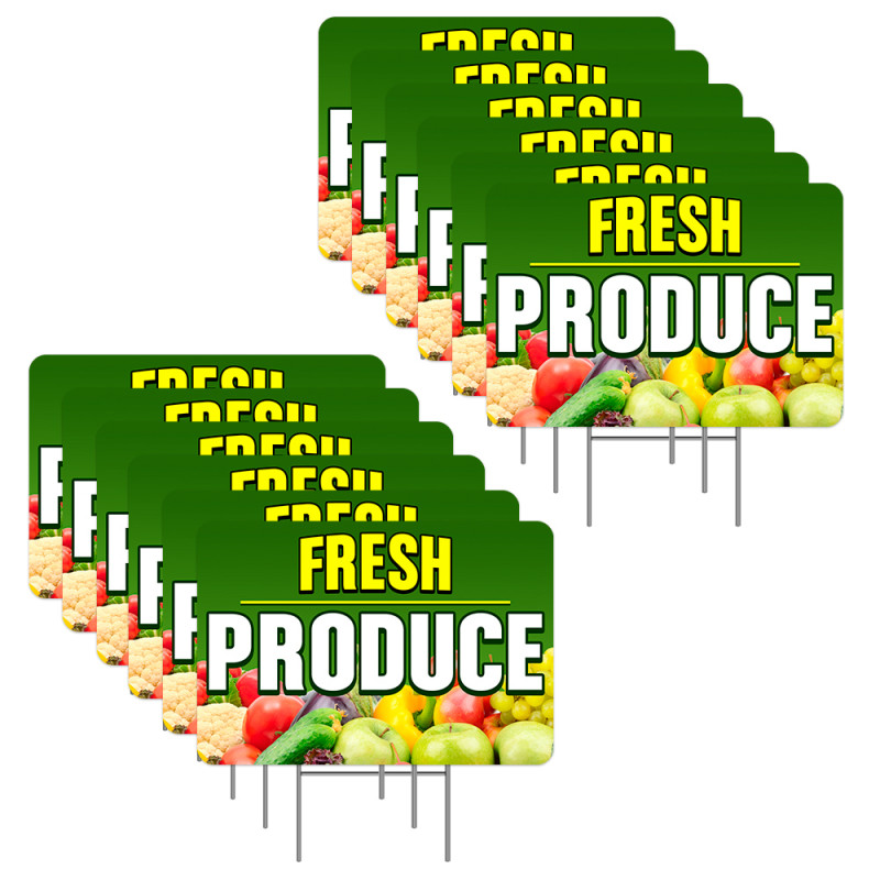 Fresh Produce 12 Pack Yard Signs - Each Sign is 24" x 16" Single-Sided and Comes with Metal Stake Made in The USA