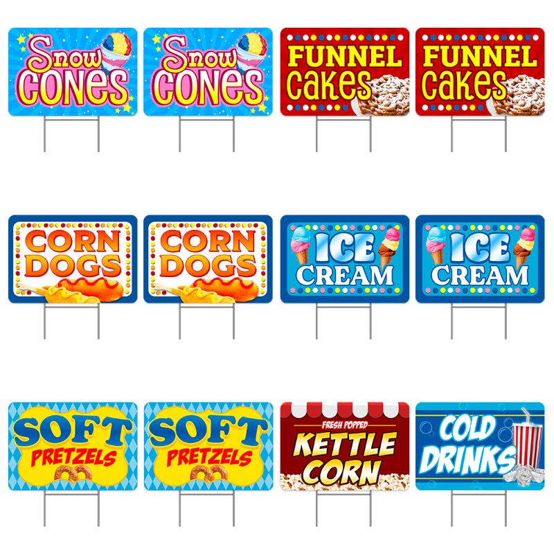 Fair & Carnival Food 12 Pack Yard Signs - Each Sign is 24" x 16" Single-Sided and Comes with Metal Stake Made in The USA