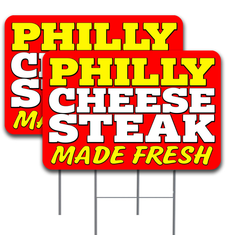 PHILLY CHEESE STEAK  2 Pack Double-Sided Yard Signs 16" x 24" with Metal Stakes (Made in Texas)