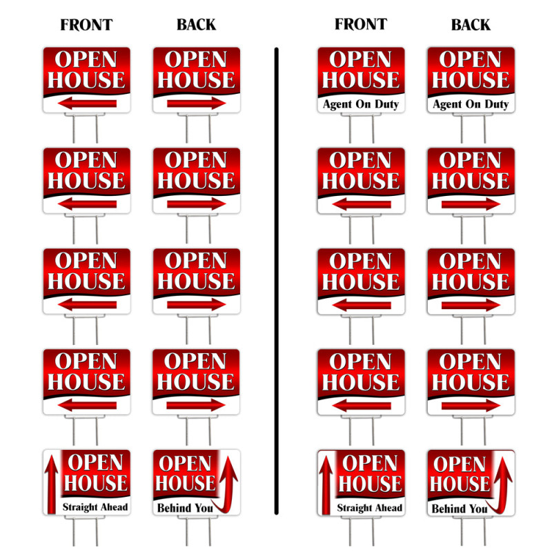 Open House Directional Arrows (Red) 10 Pack Yard Signs - Each is 24" x 18" and Comes with a Heavy Duty (Reusable) Step-Stake