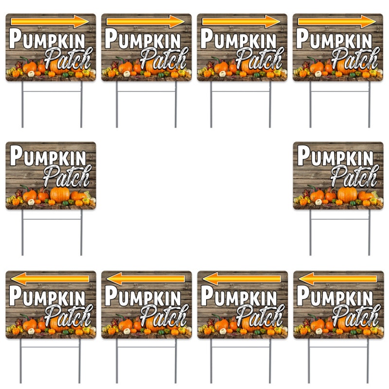 Pumpkin Patch (Arrows) 10 Pack Set 2 (10 24" x 18" Yard Signs with Metal Stake) 16" x 24" with Metal Stakes (Made in Texas)