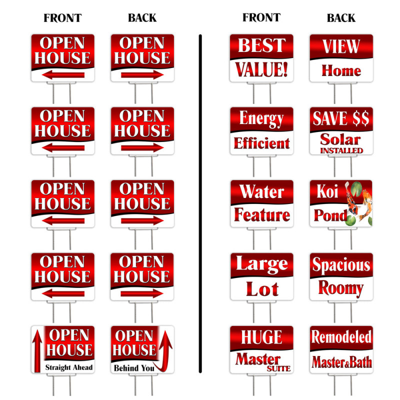 Open House (Red) 10 Pack Yard Signs Each is 24