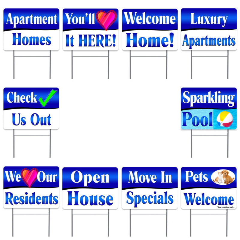 APARTMENT LEASING 10 Pack Set 2 (10 24" x 18" Yard Signs with Metal Stake) 16" x 24" with Metal Stakes (Made in Texas)