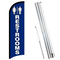 RESTROOMS (Blue) Windless Premium Feather Flag Bundle (11.5' Tall Flag, 15' Tall Flagpole, Ground Mount Stake)