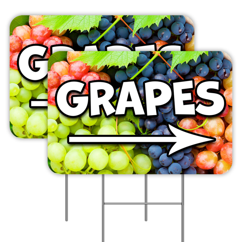 GRAPES (Arrow) 2 Pack Double-Sided Yard Signs 16" x 24" with Metal Stakes (Made in Texas)