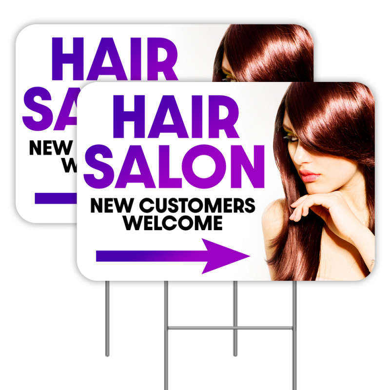HAIR SALON (Arrow) 2 Pack Double-Sided Yard Signs 16" x 24" with Metal Stakes (Made in Texas)