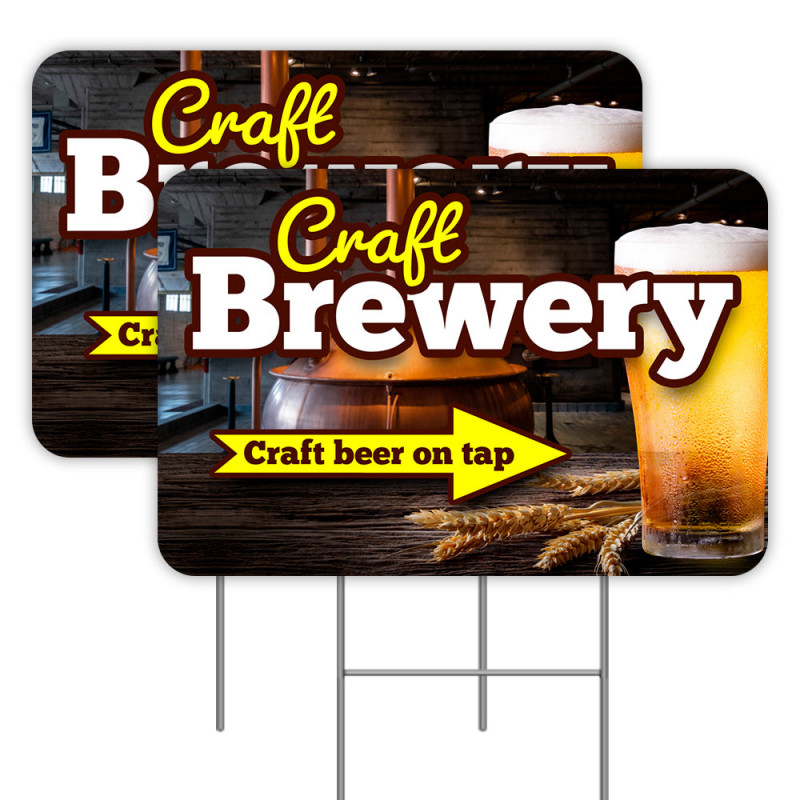 Craft Brewery Arrow 2 Pack Double-Sided Yard Signs 16" x 24" with Metal Stakes (Made in Texas)