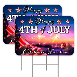 Happy 4th Of July 2 Pack Double-Sided Yard Signs 16" x 24" with Metal Stakes (Made in Texas)