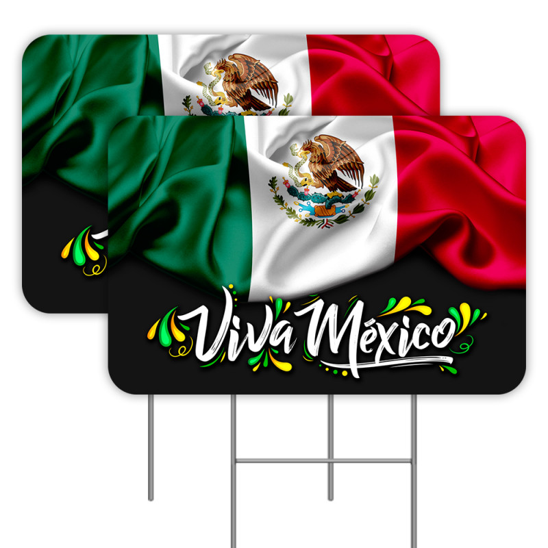 Viva Mexico 2 Pack Double-Sided Yard Signs 16" x 24" with Metal Stakes (Made in Texas)