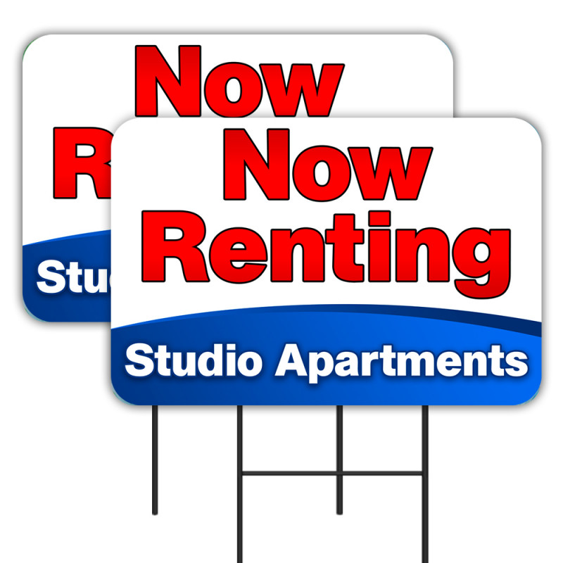 NOW RENTING Studio Apartments 2 Pack Double-Sided Yard Signs 16" x 24" with Metal Stakes (Made in Texas)
