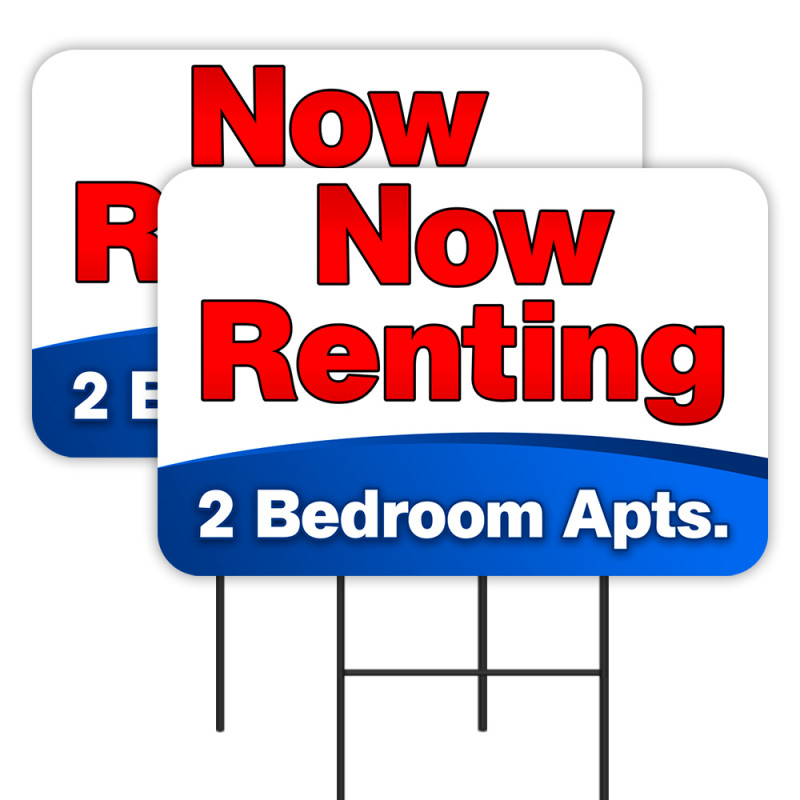NOW RENTING Two Bedroom Apartments 2 Pack Double-Sided Yard Signs 16" x 24" with Metal Stakes (Made in Texas)