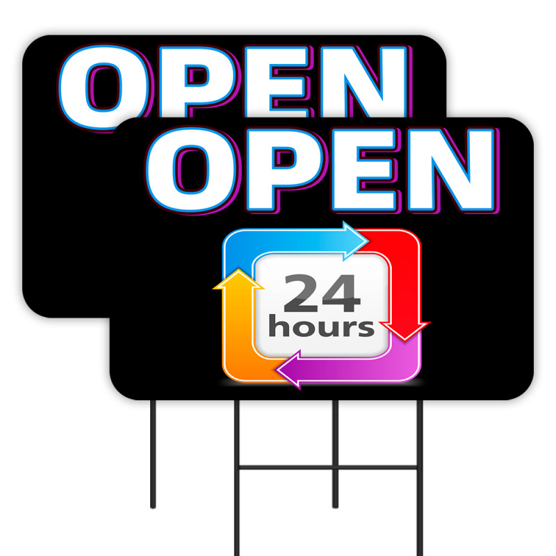OPEN 24 HOURS 2 Pack Double-Sided Yard Signs 16" x 24" with Metal Stakes (Made in Texas)