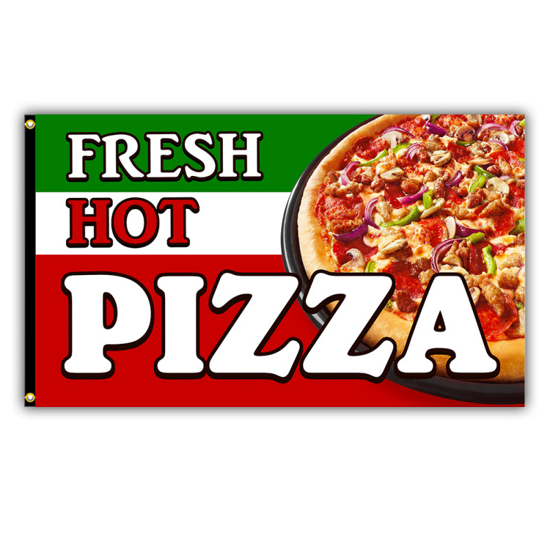 Fresh & Hot Pizza Vinyl Banner 5 Feet Wide by 2 Feet Tall