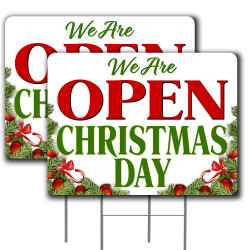 Open Christmas Day 2 Pack Double-Sided Yard Signs 16" x 24" with Metal Stakes (Made in Texas)