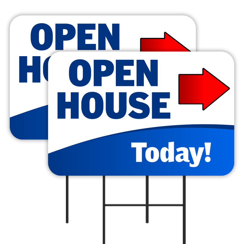 OPEN HOUSE TODAY (Arrow) 2 Pack Double-Sided Yard Signs 16" x 24" with Metal Stakes (Made in Texas)