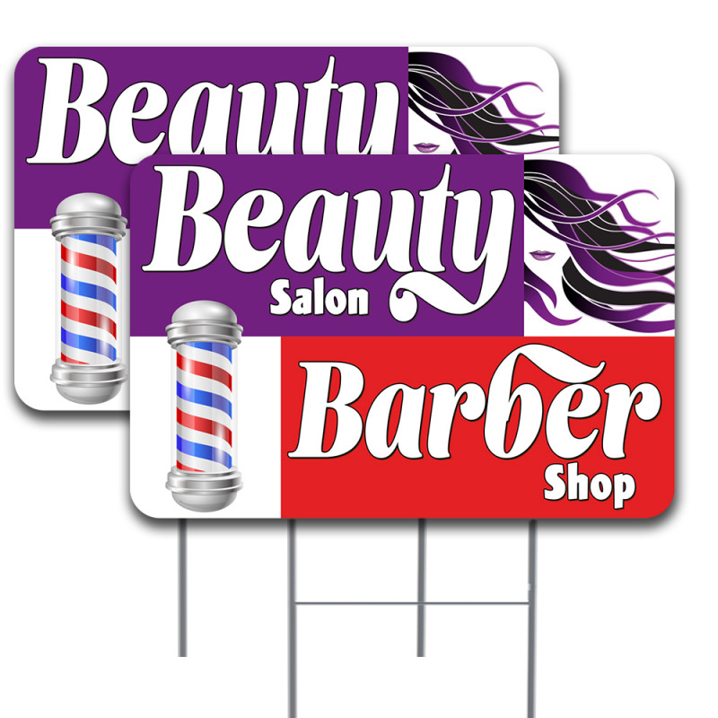 BEAUTY Salon BARBER Shop 2 Pack Double-Sided Yard Signs 16" x 24" with Metal Stakes (Made in Texas)