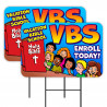 VBS Vacation Bible School Enroll Today 2 Pack Double-Sided Yard Signs 16" x 24" with Metal Stakes (Made in Texas)