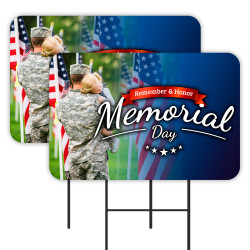 Memorial Day 2 Pack Double-Sided Yard Signs 16" x 24" with Metal Stakes (Made in Texas)