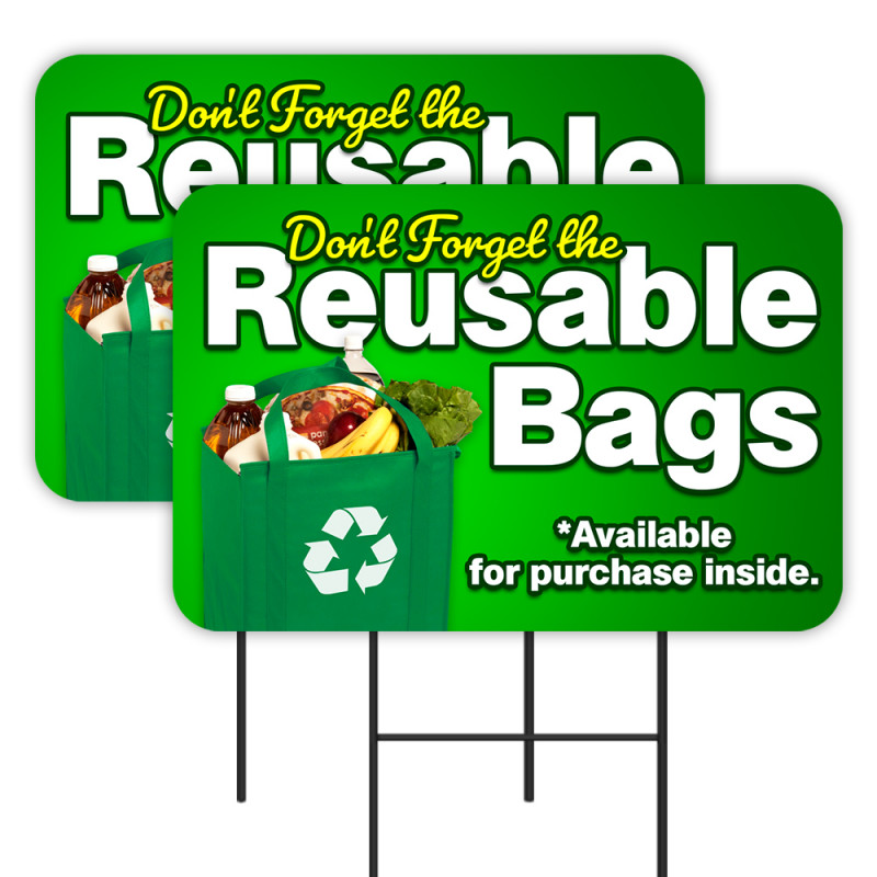Reusable Bag Reminder 2 Pack Double-Sided Yard Signs 16" x 24" with Metal Stakes (Made in Texas)