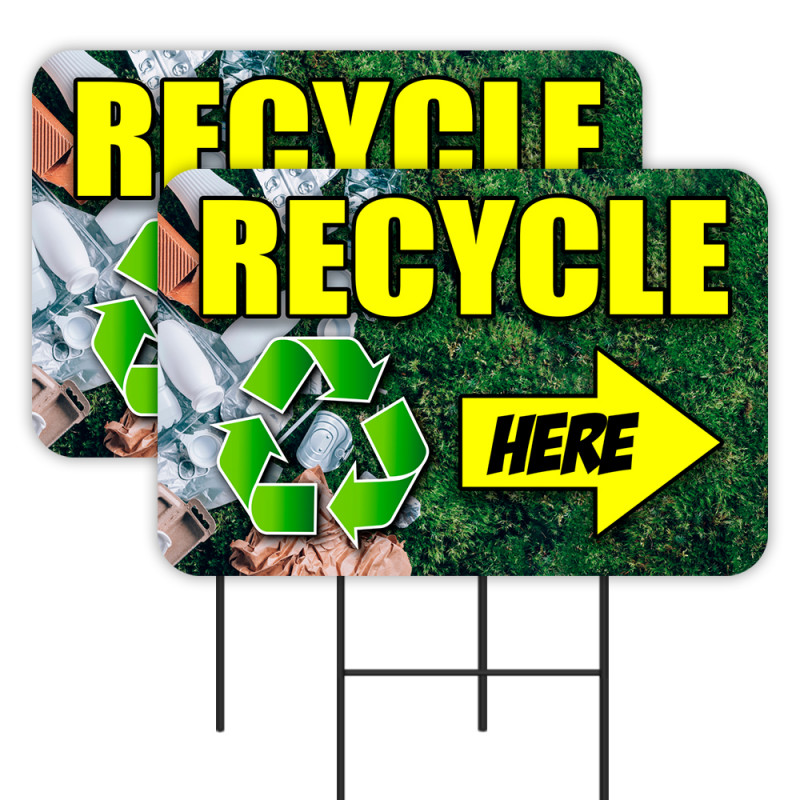 Recycle Here (Arrow) 2 Pack Double-Sided Yard Signs 16" x 24" with Metal Stakes (Made in Texas)