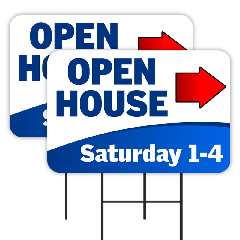 OPEN HOUSE Saturday 1-4 2 Pack Double-Sided Yard Signs 16" x 24" with Metal Stakes (Made in Texas)