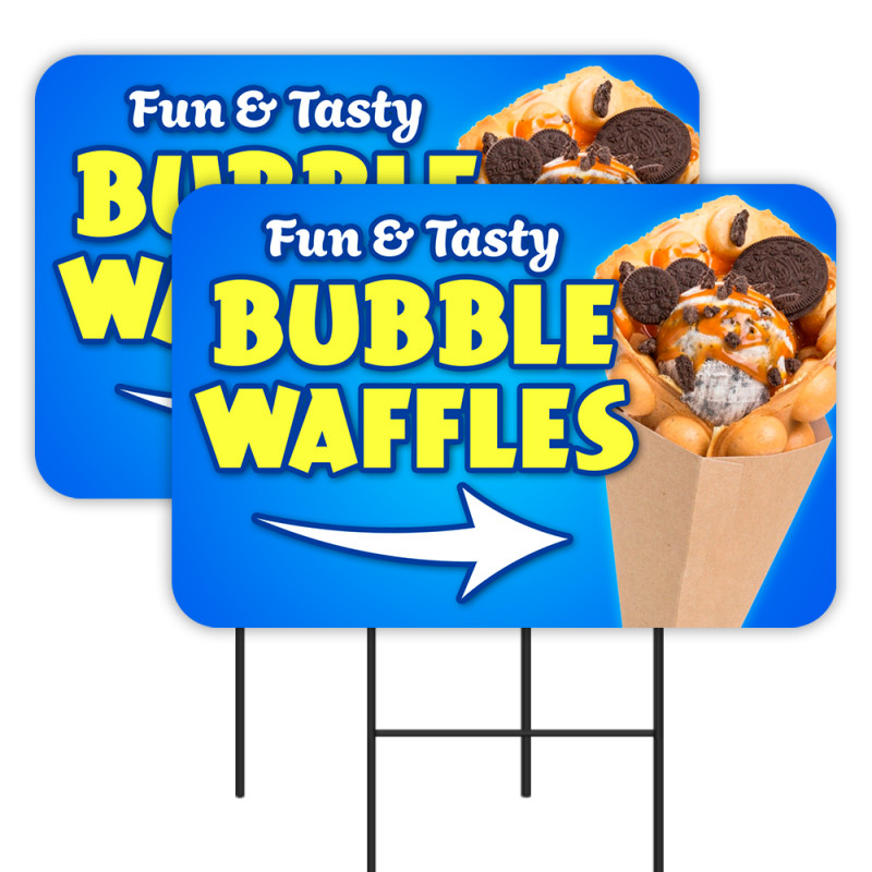 Bubble Waffles (Arrow) 2 Pack Double-Sided Yard Signs 16" x 24" with Metal Stakes (Made in Texas)