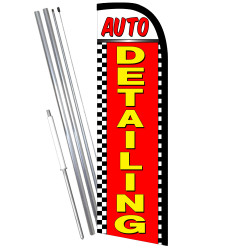 Auto Detailing (Checkered) Windless Feather Flag Bundle (11.5' Tall Flag, 15' Tall Flagpole, Ground Mount Stake)