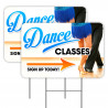 Dance Classes (Arrow) 2 Pack Double-Sided Yard Signs 16" x 24" with Metal Stakes (Made in Texas)