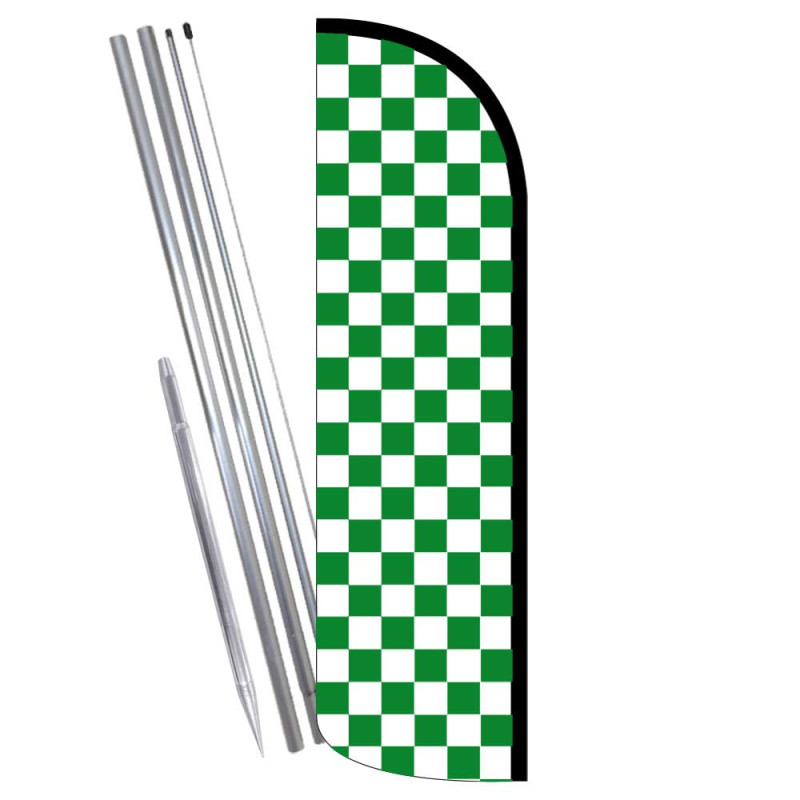 Checkered GREEN/WHITE Premium Windless Feather Flag Bundle (Complete Kit) OR Optional Replacement Flag Only