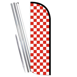 Checkered RED/WHITE Windless Feather Flag Bundle (11.5' Tall Flag, 15' Tall Flagpole, Ground Mount Stake)