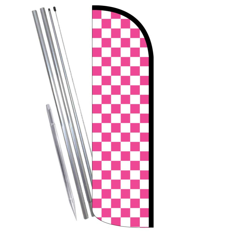 Checkered Pink/White Premium Windless Feather Flag Bundle (Complete Kit) OR Optional Replacement Flag Only