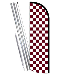 Checkered MAROON/WHITE Premium Windless Feather Flag Bundle (Complete Kit) OR Optional Replacement Flag Only