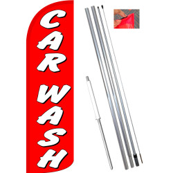 Car Wash (Red/White) Windless Feather Flag Bundle (11.5' Tall Flag, 15' Tall Flagpole, Ground Mount Stake)