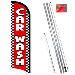 Car Wash (Red/Checkered) Premium Windless Feather Flag Bundle (11.5' Tall Flag, 15' Tall Flagpole, Ground Mount Stake)