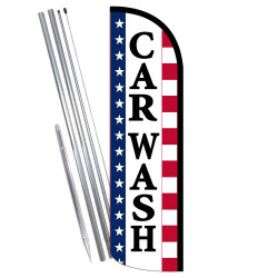 Car Wash (Stars & Stripes) Premium Windless Feather Flag Bundle (11.5' Tall Flag, 15' Tall Flagpole, Ground Mount Stake)