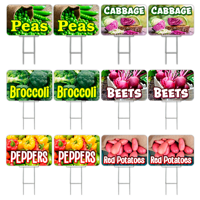 Assorted Produce Set 2 12 Pack Yard Signs - Each Sign is 24" x 16" Single-Sided and Comes with Metal Stake Made in The USA
