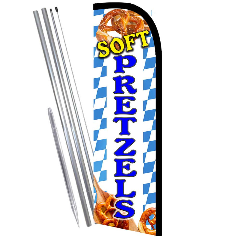 Soft Pretzels Premium Windless Feather Flag Bundle (11.5' Tall Flag, 15'  Tall Flagpole, Ground Mount Stake)