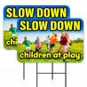 SLOW DOWN - Children At Play 2 Pack Double-Sided Yard Signs 16" x 24" with Metal Stakes (Made in Texas)